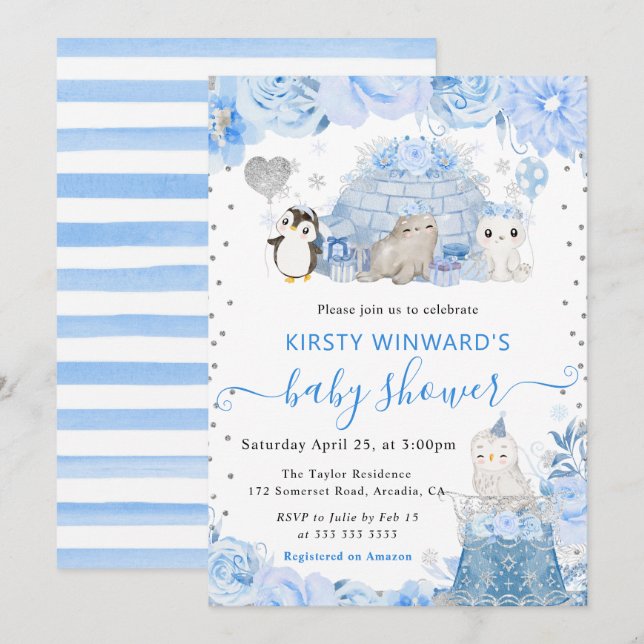 Watercolor Winter Arctic Animals Baby Shower Invitation (Front/Back)