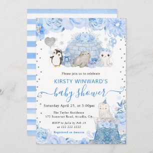 Watercolor Winter Arctic Animals Baby Shower Invitation