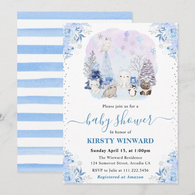 Watercolor Winter Arctic Animals Baby Shower Invitation (Front/Back)