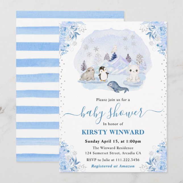 Watercolor Winter Arctic Animals Baby Shower Invitation (Front/Back)