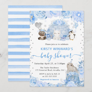 Watercolor Winter Arctic Animals Baby Shower Invitation