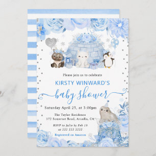Watercolor Winter Arctic Animals Baby Shower Invitation