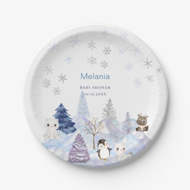   Watercolor Winter Arctic animals  baby shower  Paper Plates (Front)
