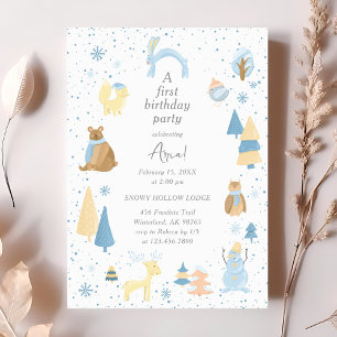 Watercolor Winter Arctic Animals Birthday Invitation