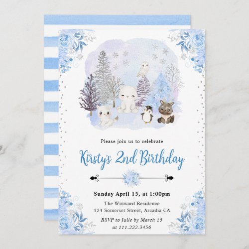 Watercolor Winter Arctic Animals Birthday Party Invitation