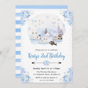 Watercolor Winter Arctic Animals Birthday Party Invitation