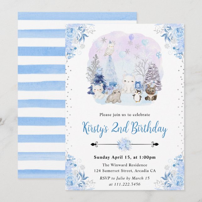 Watercolor Winter Arctic Animals Birthday Party Invitation (Front/Back)