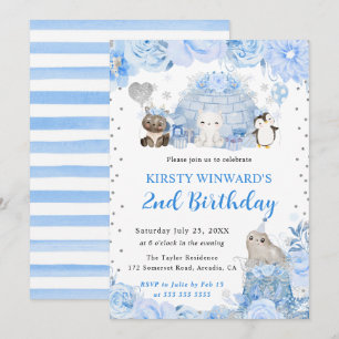 Watercolor Winter Arctic Animals Kids Birthday Invitation