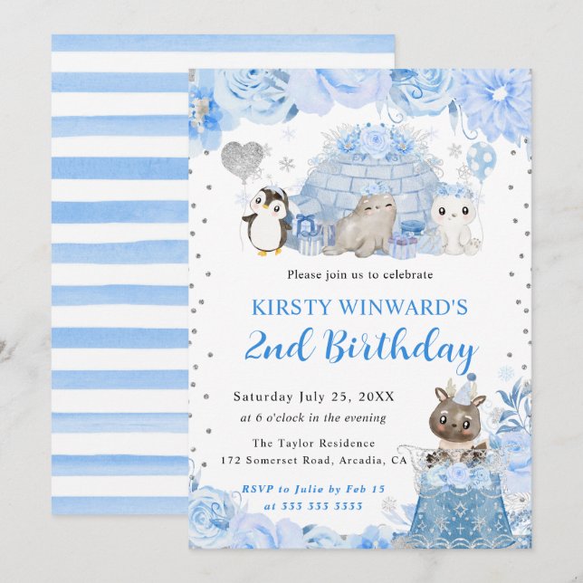 Watercolor Winter Arctic Animals Kids Birthday Invitation (Front/Back)