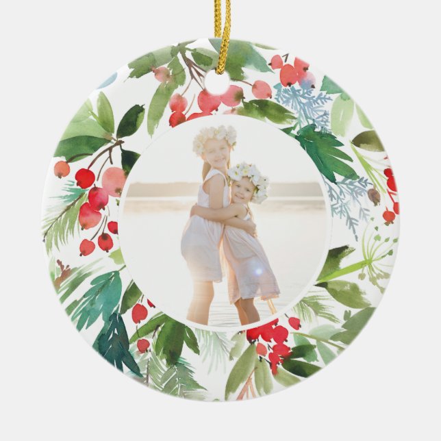 Watercolor Winter Berries and Greenery Ceramic Ornament (Front)