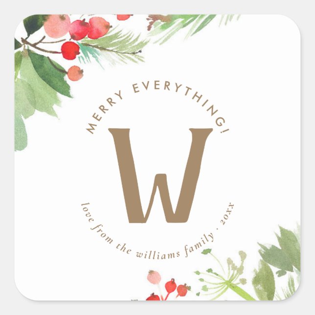 Watercolor Winter Berries and Greenery Square Sticker (Front)