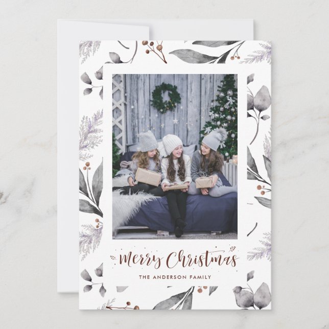 Watercolor Winter Berries Greenery Christmas Cards (Front)