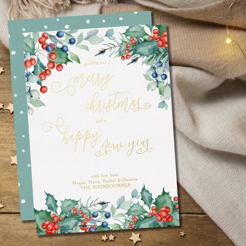 Watercolor Winter Berries Holly Calligraphy Gold Foil Holiday Card