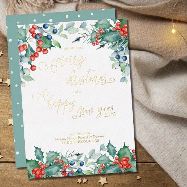 Watercolor Winter Berries Holly Calligraphy Gold Foil Holiday Card (Creator Uploaded)