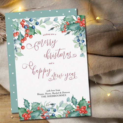 Watercolor Winter Berries Holly Calligraphy Holiday Card