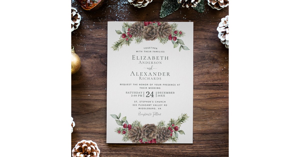 Watercolor Winter Berries Pine Christmas Wedding Invitation | Zazzle
