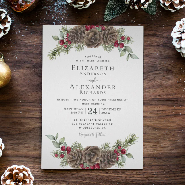 Watercolor Winter Berries Pine Christmas Wedding Invitation | Zazzle