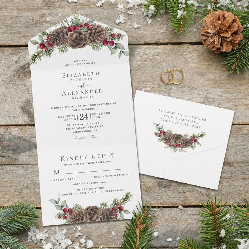 Watercolor Winter Berries Pine Elegant Wedding All In One Invitation