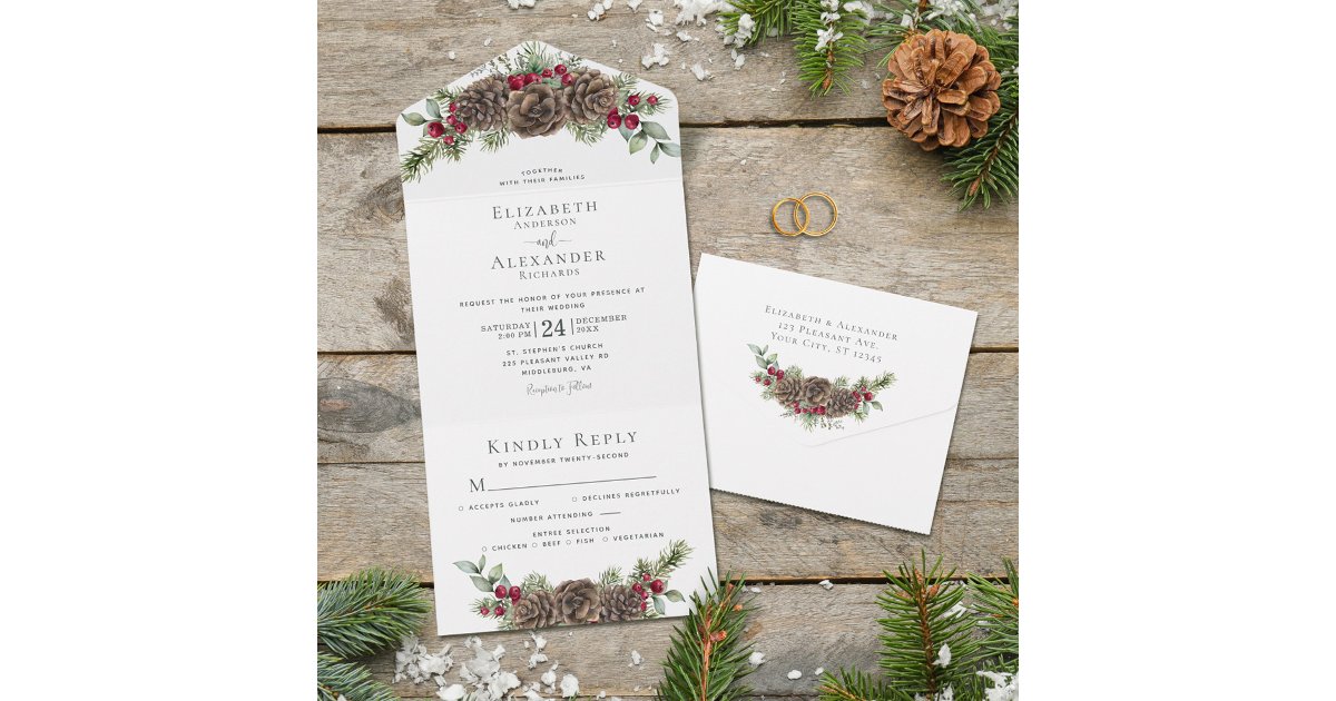 Watercolor Winter Berries Pine Elegant Wedding All In One Invitation ...