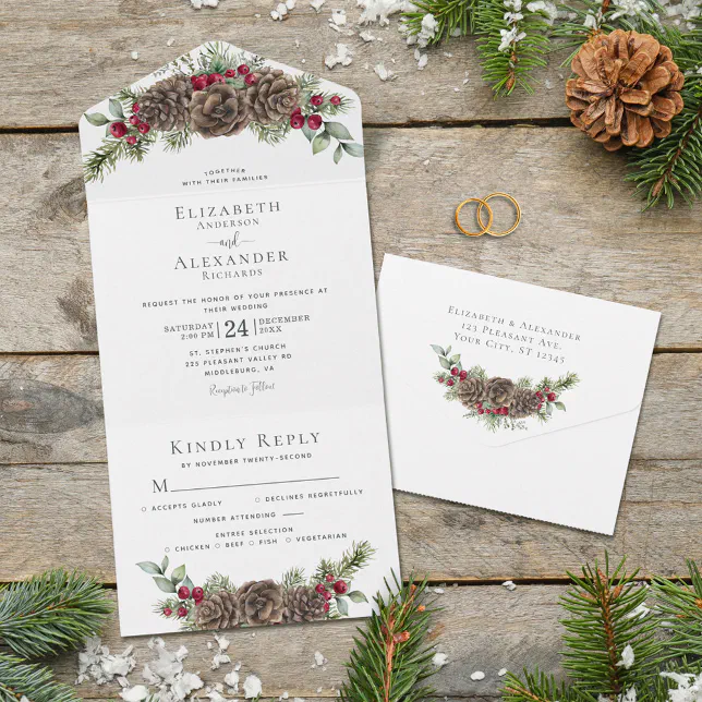 Watercolor Winter Berries Pine Elegant Wedding All In One Invitation ...
