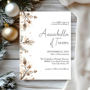 Watercolor Winter Berries Romantic Neutral Wedding Invitation
