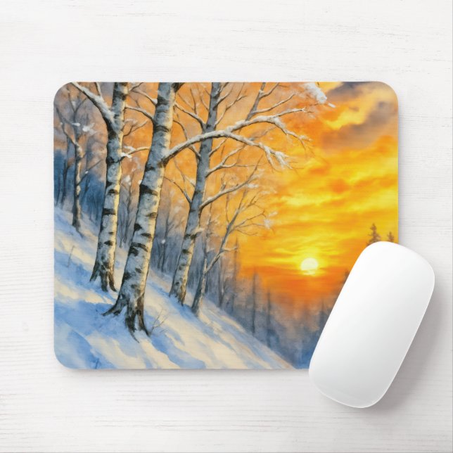Watercolor Winter Birch Trees  Mouse Pad (With Mouse)