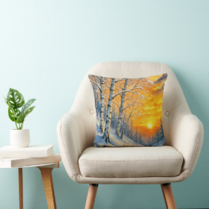 Watercolor Winter Birch Trees Throw Pillow