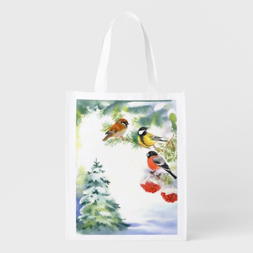 Watercolor Winter Birds Reusable Grocery Bag