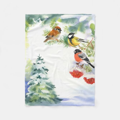 Watercolor Winter Birds Small Fleece Blanket