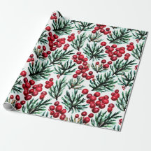 Watercolor Winter Bloom Berries Wrapping Paper
