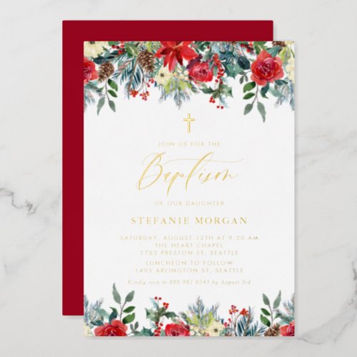 Watercolor Winter Blooms Floral Baptism Foil Invitation