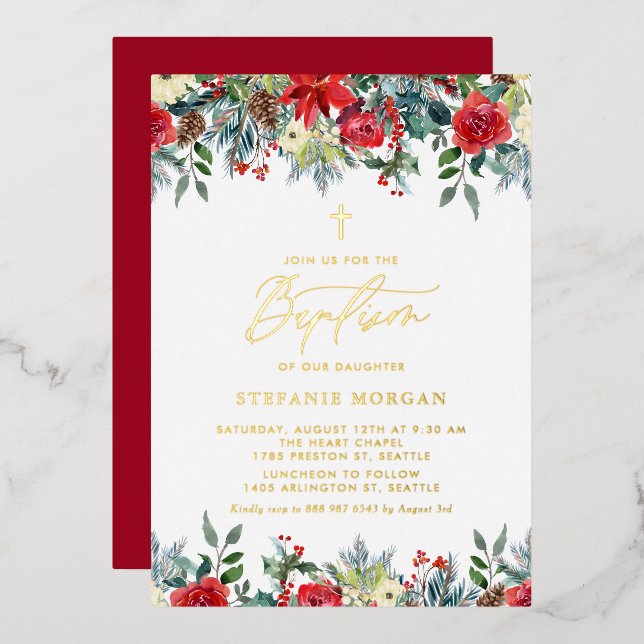 Watercolor Winter Blooms Floral Baptism Foil Invitation (Front/Back)