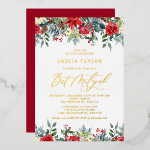Watercolor Winter Blooms Floral Bat Mitzvah Foil Invitation