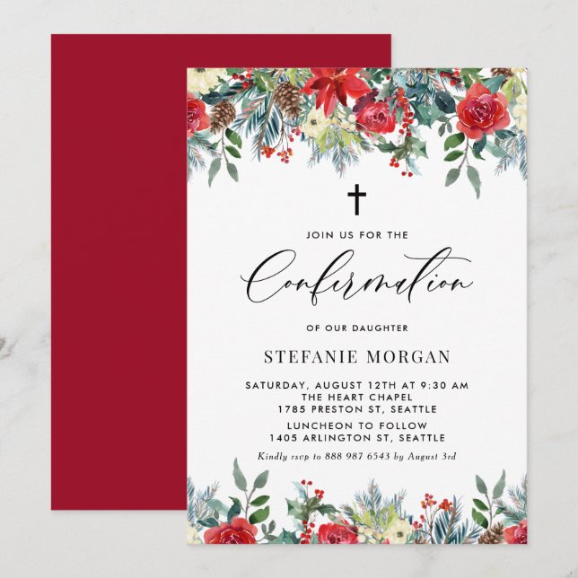 Watercolor Winter Blooms Floral Confirmation Invitation (Front/Back)