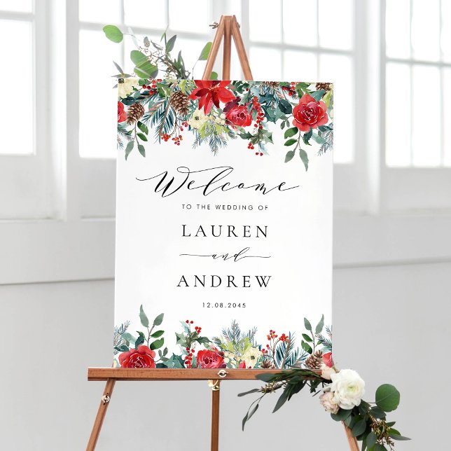 Watercolor Winter Blooms Floral Garlands Wedding Poster (Customizable festive floral wedding welcome sign featuring watercolor winter flowers and greenery)