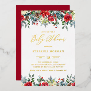 Watercolor Winter Blooms Garland Baby Shower Foil Invitation