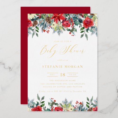 Watercolor Winter Blooms Garland Baby Shower Foil Invitation