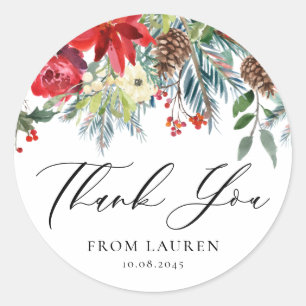 Watercolor Winter Blooms Garland Thank You Classic Round Sticker
