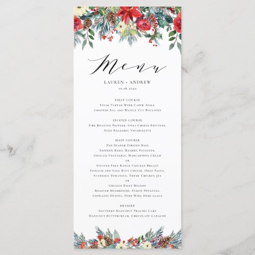 Watercolor Winter Blooms Garland Wedding Menu