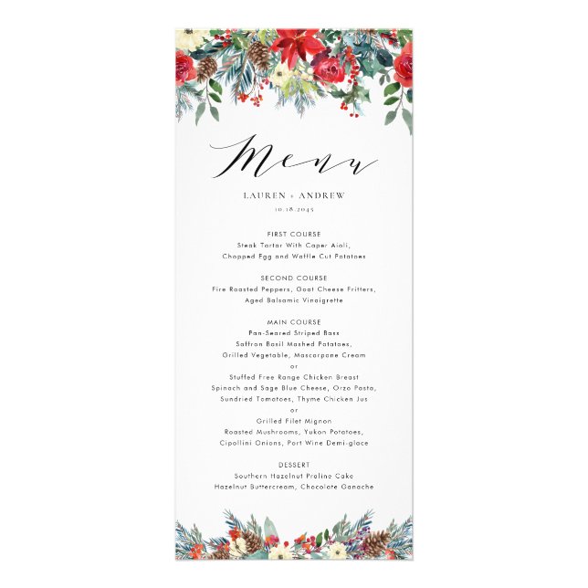 Watercolor Winter Blooms Garland Wedding Menu Card (Front)