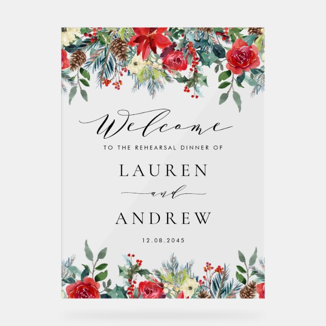 Watercolor Winter Blooms Garlands Rehearsal Dinner Acrylic Sign (Front)