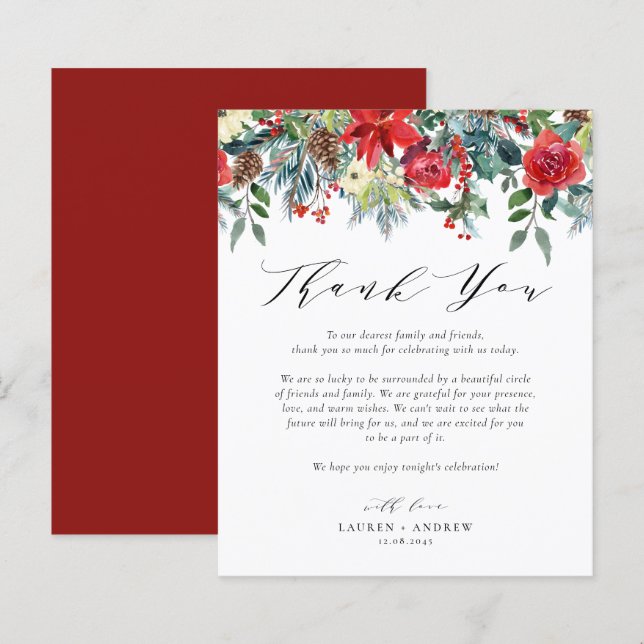 Watercolor Winter Blooms Wedding Thank You Card (Front/Back)
