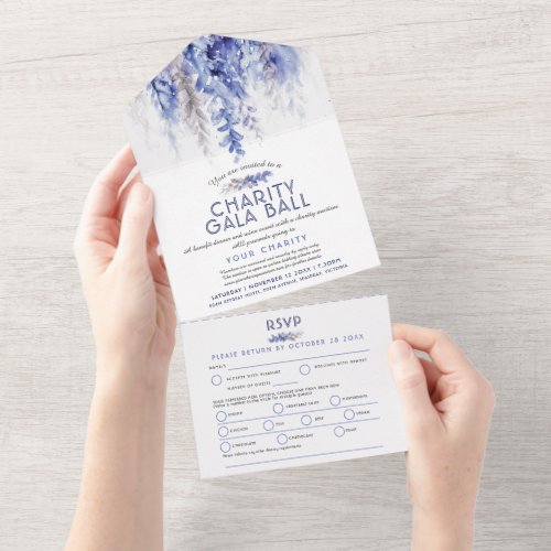 Watercolor winter blue evening charity gala event all in one invitation