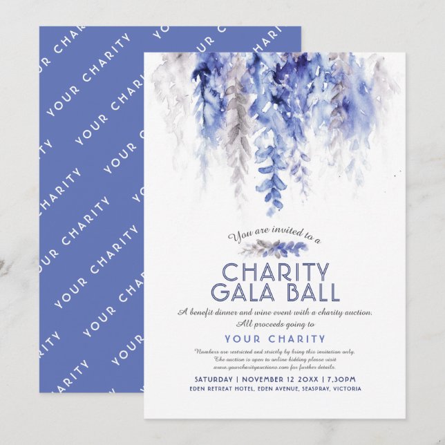 Watercolor winter blue evening charity gala event  invitation (Front/Back)