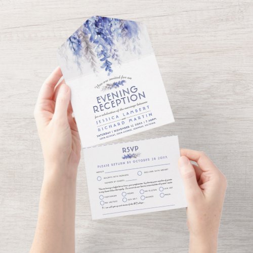 Watercolor winter blue evening reception wedding all in one invitation