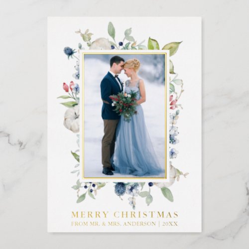 Watercolor Winter Blue Floral Newlywed Gold Foil Holiday Card