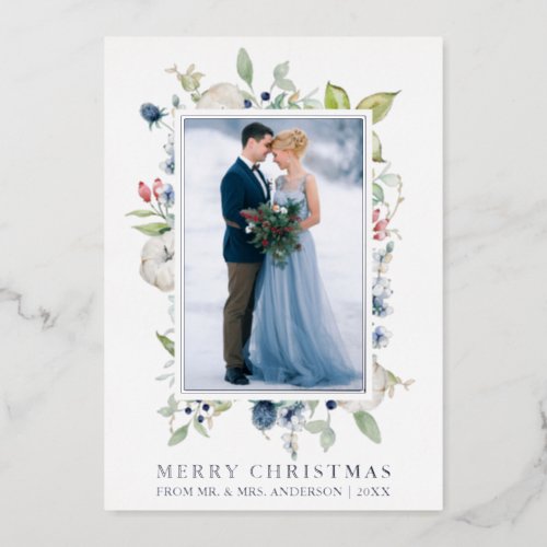 Watercolor Winter Blue Floral Newlywed Silver Foil Holiday Card