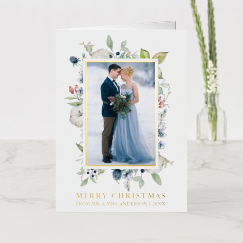 Watercolor Winter Blue Floral Newlyweds Gold Foil Holiday Card