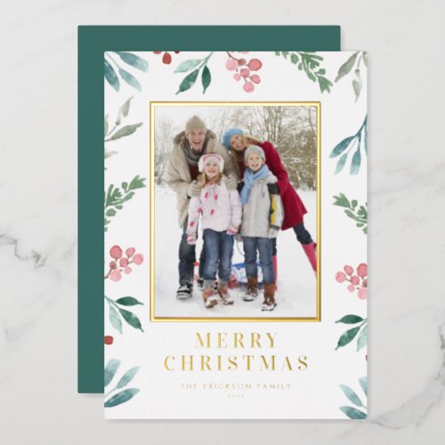 Watercolor Winter Botanical Frame Christmas Photo Foil Holiday Card