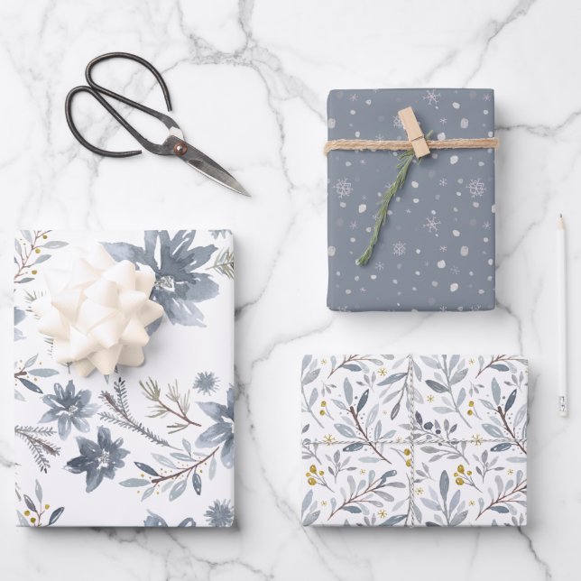 Watercolor Winter Botanicals Snowflake Christmas Wrapping Paper Sheets (Front)